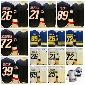 2022 Reverse Retro 2.0 Hockey Jerseys 26 Rasmus Dahlin 21 Kyle Okposo 72 Tage Thompson 89 Alex Tuch 25 Owen Power 39 Dominik Hasek Black Stitched Shirts Mens