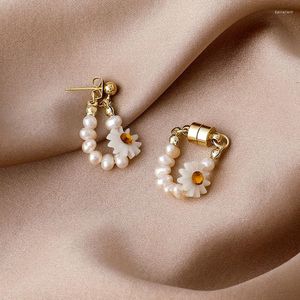 Backs Earrings VSnow Vintage Natural Freshwater Pearl Daisy Clip For Women Gold Color Metal Resin Arcylic Beaded Jewelry