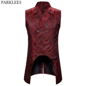 Men's Vests Wine Red Paisley Jacquard Long Vest Men Double Breasted Lapel Brocade Vest Waistcoat Mens Gothic Steampunk Sleeveless Tailcoat 230311