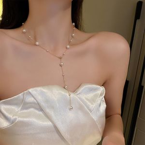 AFSHOR New Fashion Long Tassel Necklace Beads Chain Choker for Bridal wedding Statement Chunky Y Necklace Chain Crystal Jewelry