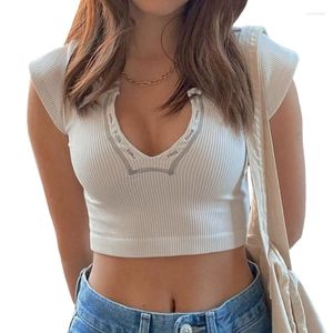 Women's T Shirts Women Short Sleeve Ribbed Plain Crop Top V-Neck Slim Fit T-Shirts 90s Streetwear Drop