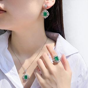 Necklace Earrings Set & Luxury Green Jewelry S925 Needle Imitation Emerald-Colored Antique Ring Pendant Gift Of Three Vintage