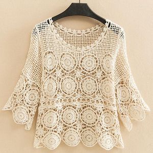 Kobiety swetry pullover dzianinowa koszulka Kobieta Summer cienki płaszcz przeciwsłoneczny luźny, krótki wycięty szydełko szydełko sedk bluzka ręcznie robiona