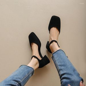 Dress Shoes 2023 Summer/Autumn Women Square Toe High Heels Cover Heel Sheep Suede Sandals Concise Retro Mary Janes