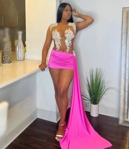 Hot Pink See Through Cocktail Dresses For Women Party Beading Applique Short Prom Bowns Sheer Neck Girls Birthday Dress