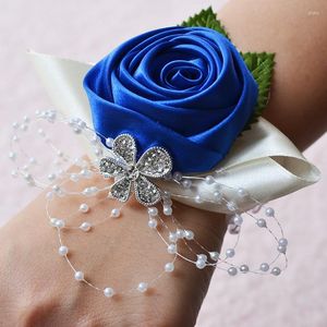 Dekorative Blumen Hochzeit Handgelenk Corsagen Braut Brautjungfern Hand Blau Royal Lila Party Abschlussball Frauen Mariage Rose