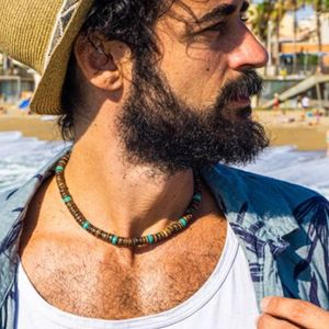 Pendanthalsband Surfer Mens Choker Necklace - Coconut Shell and Turquoise Boho For Men Chunky African Tribal Woode Elle22