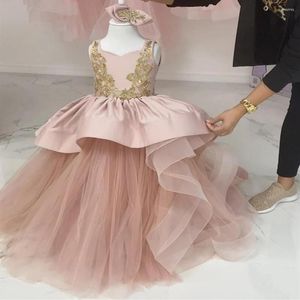 Girl Dresses Pink Long Little Girls Ball Gown Pageant Dress Birthday Party Kids Gold Lace Tulle Size 2-14 Years