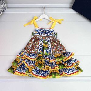 23ss Designer Brand Halter Dress Bow Binding Kids Dress Print Dresss Neri Pure Cotton Skirts Girls Dresses Kids Skirt Baby Clothes A1