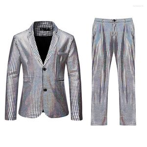 Men's Suits Mens Stage Prom Silver Plaid Sequins Jacket With Pants Dance Party Wedding Groom Tuxedo 2 Piece Suit Men Costume Homme XL