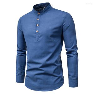 Camisas casuais masculinas 2023 mola masculina linho de algodão longa blusa de coloração sólida camisa de colar de gola moda masculino slim fit retro tops simples