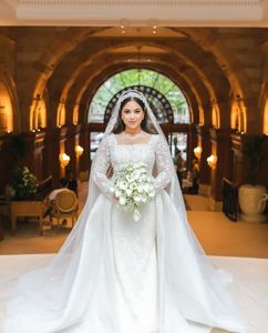 Luxury Mermaid Wedding Dresses Long Sleeves Bateau 3D Lace Hollow Beaded Sequins Appliques Detachable Train Pearls Bridal Gowns Plus Size Vestido de novia Custom