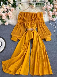 Women's Blouses Summe Sexy Slash Neck Shirt Women Pleated Double Ruffles Lantern Sleeve Blouse With Belt Candy Colors Chic Femme Blusas