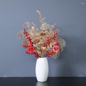 Decorative Flowers Artificial Holly Flower Arrangement Golden Eucalyptus Leaf Ginkgo Red Fruit Fortune Bucket Decoration