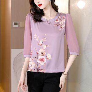 Kvinnors blusar Summer Flower Printed Silk Women Tops Elegant Purple Pink Casual Loose Chiffon Shirts Three Quarter Female kläder 2023