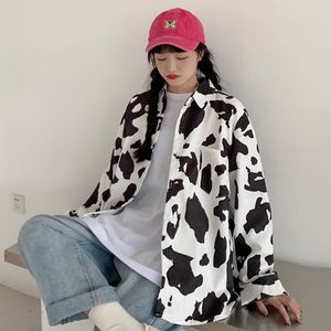 Women's Blouses Shirts Cow pattern corduroy shirt female autumn Korean loose wild long-sleeved shirt mid-length blouse 230313