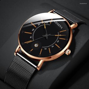 Armbandsur Genève tittar på män affärsklockor balck rostfritt stål mesh band kalender kvarts relogio masculino reloj hombrewristwatches th