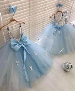 Girl Dresses Baby Blue Girls For Birthday Party 2023 Silver Sequins Top Tutu Skirt 3D Floral Kids Prom Ball Gowns