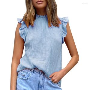 Camisas femininas Summer Summer Summer Vintage Solid Ruffle Ruffle sem mangas Turtleneck Blush casual Harajuku Tampas de tanques de camisa solta