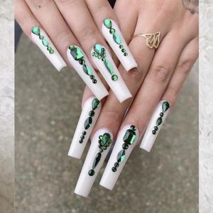 False Nails 24pcs Fake Long Coffin Shape Full Cover Tips Green Rhinestones Design Press On White Acrylic Nail