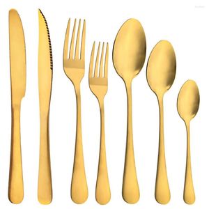 Servis uppsättningar AJOYOUS 7st Gold Set Matt Steak Knife Fork Coffee Spoon Flatvaror Rostfritt stål Kök Bordbidrag