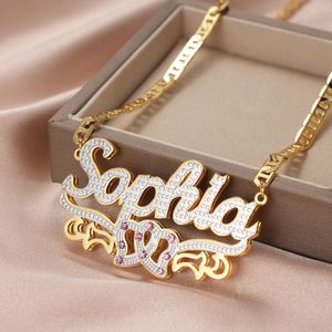 Collane con ciondolo Dascusto Targhetta personalizzata con nome Collana personalizzata 3D placcato oro 18K Girocollo con doppio diamante Catena bicolore per donna 230313