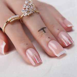 False Nails Nude Pink French Press On Short Square With Glitter Print Tips Fake Glossy Full Cover Nail For Women And Girls