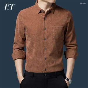 Mäns casual skjortor vintage corduroy män lång ärm skjorta smal passform fast färg affärsarbete camisa maskulina kläder