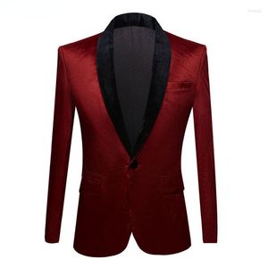 Erkek takım elbise şarap kırmızı kadife elbise takım elbise erkekler bir düğme şal çikası smokin blazers düğün groon parti yemek blazer