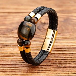 Strand Fashion Natürliches Tigerauge-Perlenarmband für Männer, einzigartiger mehrschichtiger Leder-Charm, handgefertigter Schmuck für Männer, Vatertagsgeschenk