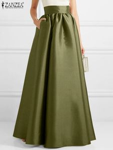 Kjolar zanzea kvinnor höst satin kjol aline golvlängd fast färg hög midje klänning elegant vintage casual överdimensionerad lång mantel 230313