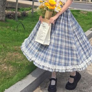 Etek Japon lolita tarzı kadınlar etek yüksek bel vintage ekose düğmeleri etek zarif fırfırlar sevimli kawaii midi kendi kendine yapılmış pamuk etek 230313