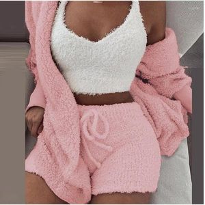 Frauen Shorts Mode Anzug Große 2 Stück Set Frauen 2023 Winter Plüsch Hause Tragen Casual 3-stück Pyjamas langarm Weste