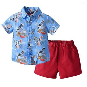 Roupas Conjunto de roupas de verão Conjunto de roupas infantis 2023 camisa impressa vintage shorts de cor sólida 2 pcs meninos meninos casuais roupas de manga curta