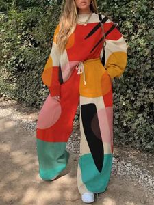 여자 2 피스 바지 대형 트래픽 슈트 여성 세트 가을 의류 패션 프린트 풀오버 스웨트 셔츠 와이드 다리 바지 정장 복장 230313