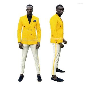 Herrenanzüge Thorndike 2023-Neueste-Casual-Design-Yellow-Jacket-White-Pants-Men-Wedding-Suit-Male-Terno-Slim Fit-Custom