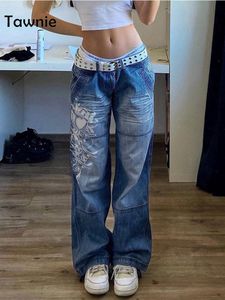 Kvinnor jeans tawnie tryckt baggy y2k låg midja jeans höst vinter överdimensionerade breda ben byxor casual lastbyxor 230313