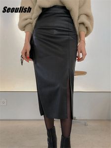 Röcke Seoulish Schwarz PU Faxu Leder Frauen Wrap Röcke Herbst Winter Hohe Taille Vorne Split Mantel Bleistift Röcke Weibliche 230313