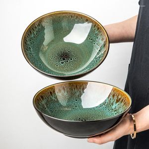 Bowls Chinese Retro Green Ceramic Ramen Bowl Fruit Salad Household Commercial Noodle Specialty Snack Dish Kitchen Tableware