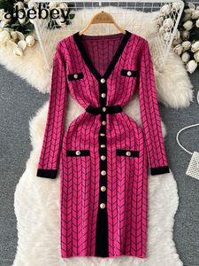 Casual Dresses Autumn French Plaid Knitted Dress Women V Neck Sweater Sheath Hight Quality Dress Elastic Waist OL Warm Midi Long Dress 230313