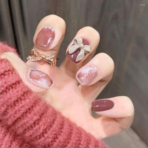 False Nails 24pcs French Short Square Pink Brown Bow Knot Full Cover Detachable Nail Tips Manicure