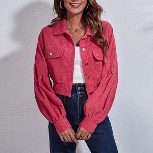 Women's Jackets Fashion Women's Casual Loose Solid Colors Long Sleeve Turn-down Collar Button Short Coat Corduroy Cropped Outwear #