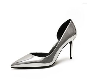 Dress Shoes Real Picture Silver Patent Leather Pointed Toe Wedding Party Bride Bridesmaid Open One Side Women Lady High Heel Pump