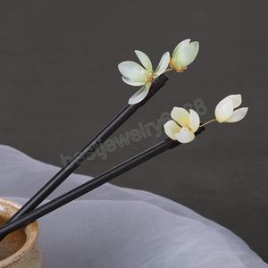 Wooden Hair Stick Chinese Headwear For Girls Classic Floral Hair Clasp Vintage Artificial Flower Hair Bun Forks Chopsticks