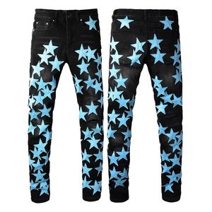 Man Skinny Jeans Men Black Ripped Jeans Mens Designer Rip Pants Denim Blue Star Patches Straight Zipper Fly Hole Fashion Halloween Hip Hop 20ss Stretchy Motorcycle