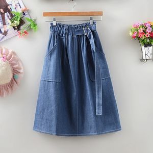 Kjolar sommar midi denim kjol kvinnor elastisk hög midja en linje jean kjolar streetwear djupblå casual midi kjol 230313