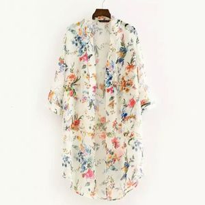 Bloups feminina camisas mulheres camisas de chiffon florais vintage pequenas calças solares de protetora solar longa e fresca xale solto quimono cardigan boho tops 230311