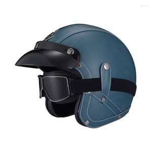 Motorcykelhjälmar 2023 Kvinnor och män öppnar ansikte 3/4 för vintage läder Vesp Scooter Helmet med Capacete Goggle Dot