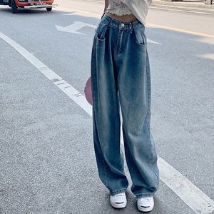 Womens Jeans Rimocy Retro Blue High Waist Baggy Jeans Women Autumn Pocket Wide Leg Denim Trousers Woman Streetwear Loose Straight Pants 230313