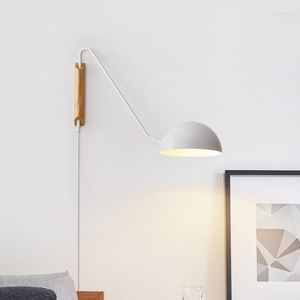 Wall Lamp Nordic Plug In Sconce Bedroom Bedside Lamps Black White Iron Lampshade Swing Long Arms Mounted Light E27